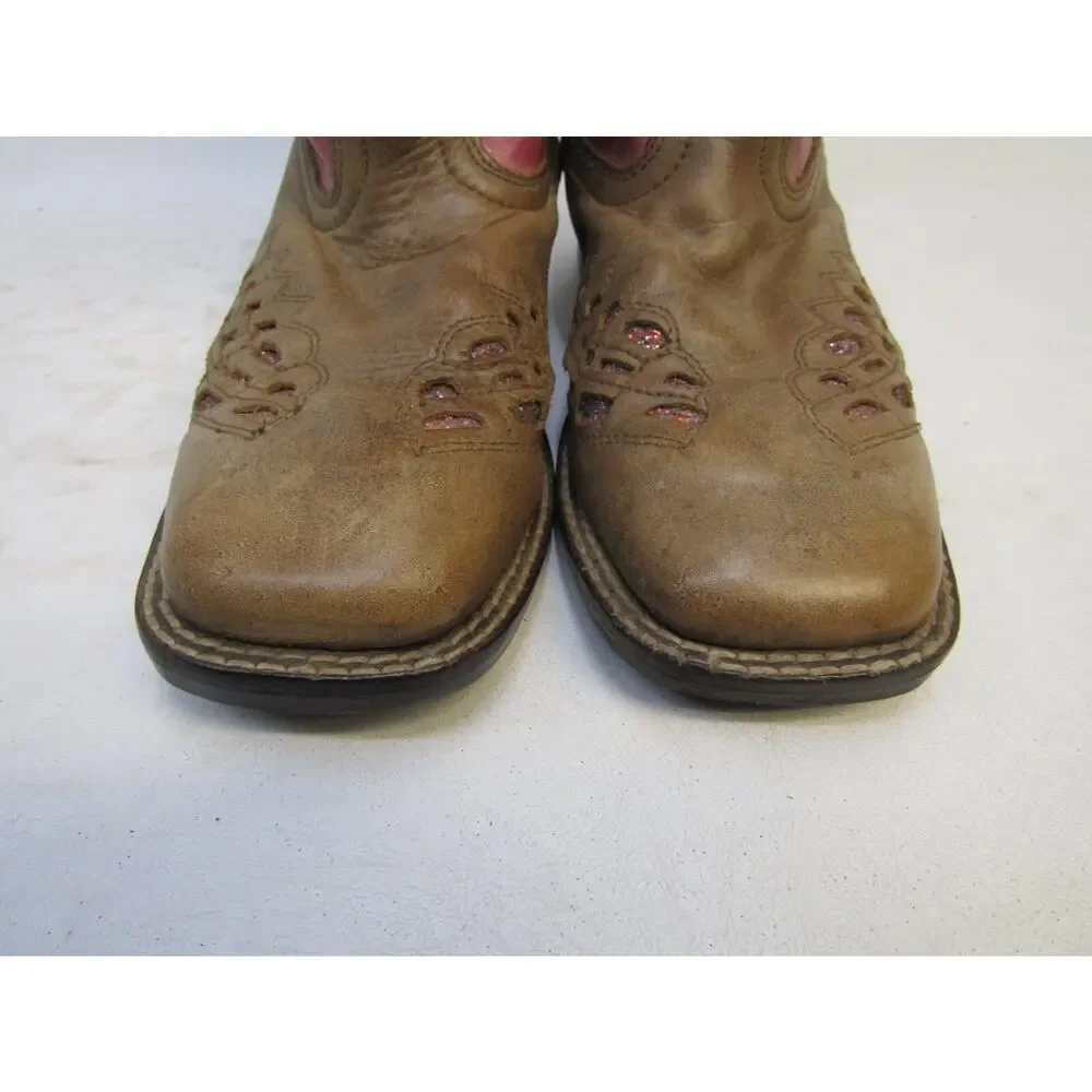 Shyanne Youth Size 3 D Brown Pink Glitter Inlay Leather Cowboy Western Boots